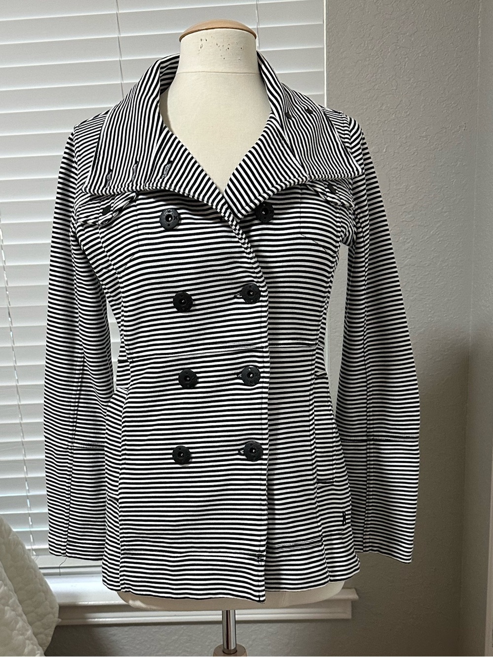 Hurley Black & White Striped Double-Breasted Pea Coat with POCKETS